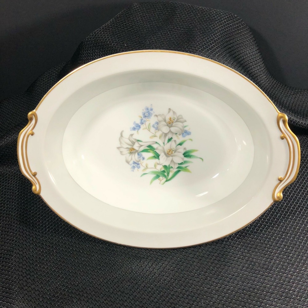 VTG MCM Noritake Arcadia Oval Vegetable Bowl White Lilies Gold Trim 5165